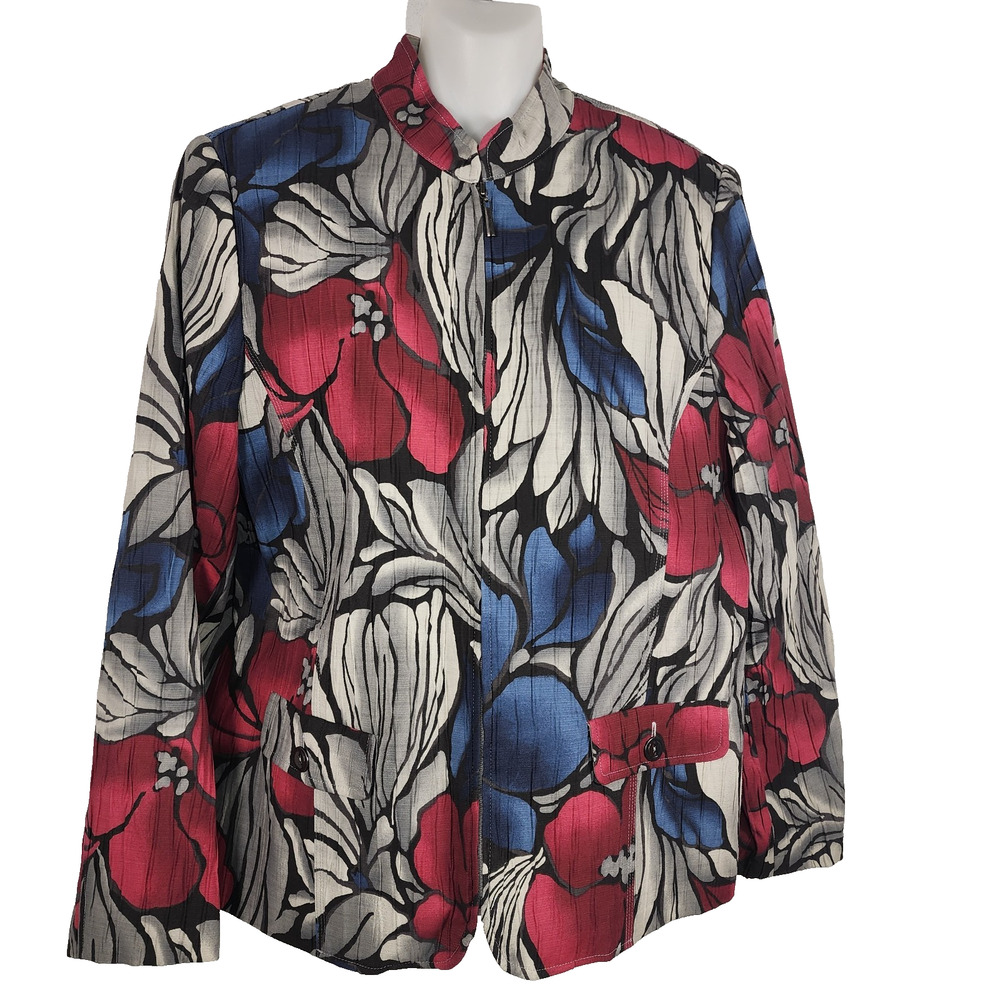 Alfred Dunner Womens Floral Zip Quilted Jacket Size 12 Artsy Colorful Pockets